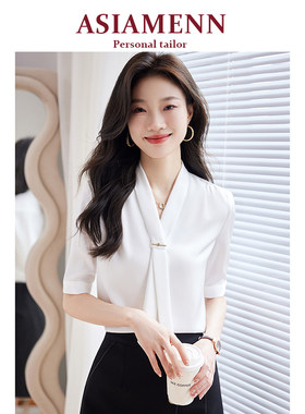 白色雪纺衬衫2026新款女短袖衬衫时尚设计感白领通勤商务职业套装