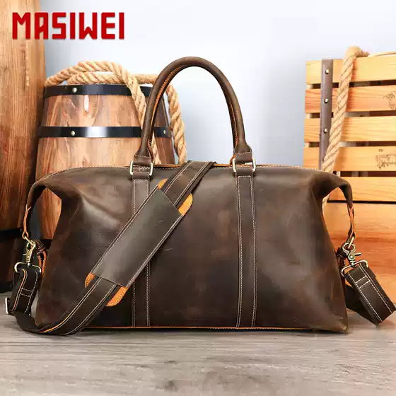 Men's Retro Crazy Horse Leather Travel Bag, High-End Fitness Travel Handbag, Genuine Leather Short-Distance Travel Luggage Bag Wholesale