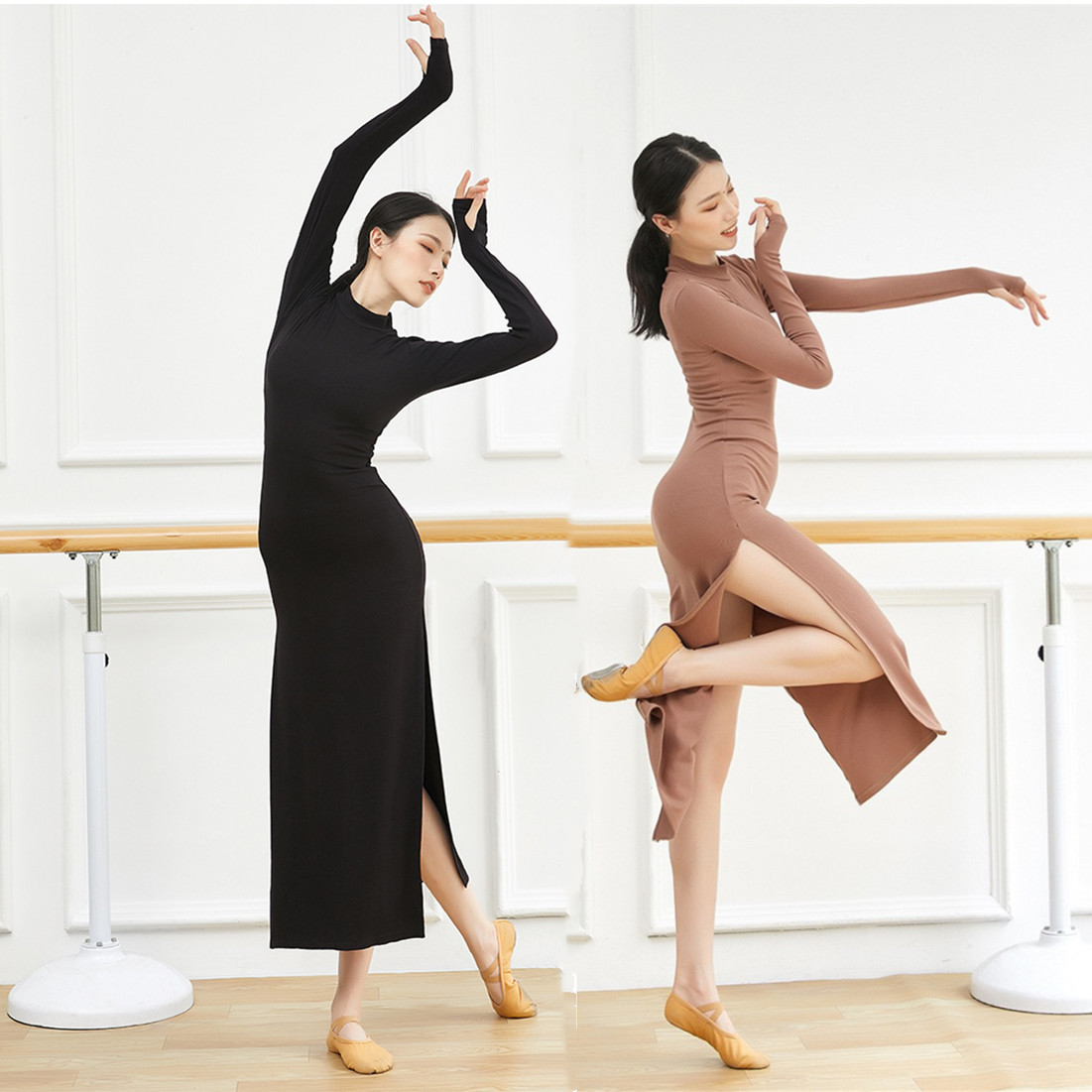 春秋旗袍开叉半高领连衣裙女舞衣新款现代舞礼仪棉修身显瘦演出服