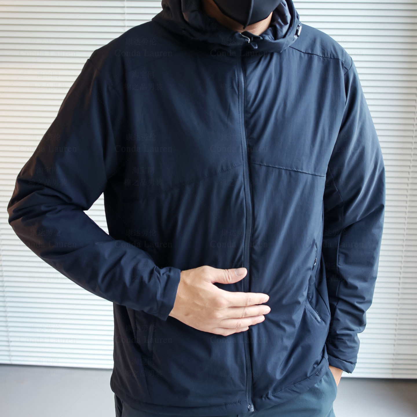 袅替 男士轻薄款立体合身剪裁锦氨混纺户外防风防水连帽棉衣外套