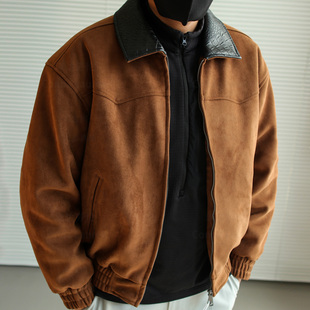 美式哈灵顿复古麂皮绒夹棉加厚仿鳄鱼皮撞色翻领机车棉夹克棉服