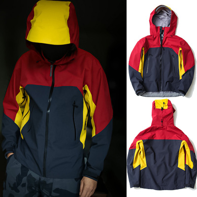 飞禽拼色春秋男士连帽全压胶防水防风透气户外硬壳冲锋衣外套9573