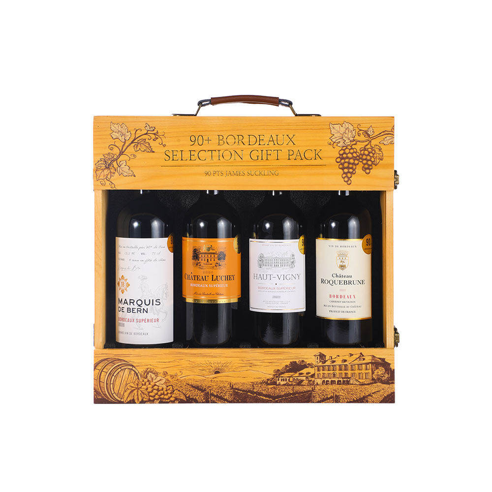 山姆代购法国进口90+高分优质波尔多红酒4支木礼盒梅洛干红葡萄酒