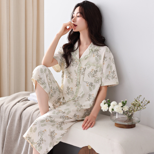 大码 薄款 夏天中年妈妈夏款 家居服 开衫 纯棉短袖 睡衣女士夏季 七分裤