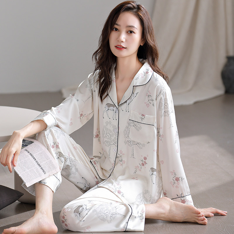 睡衣女士春秋款冰丝长袖秋季薄款中年妈妈仿真丝绸女款夏季家居服