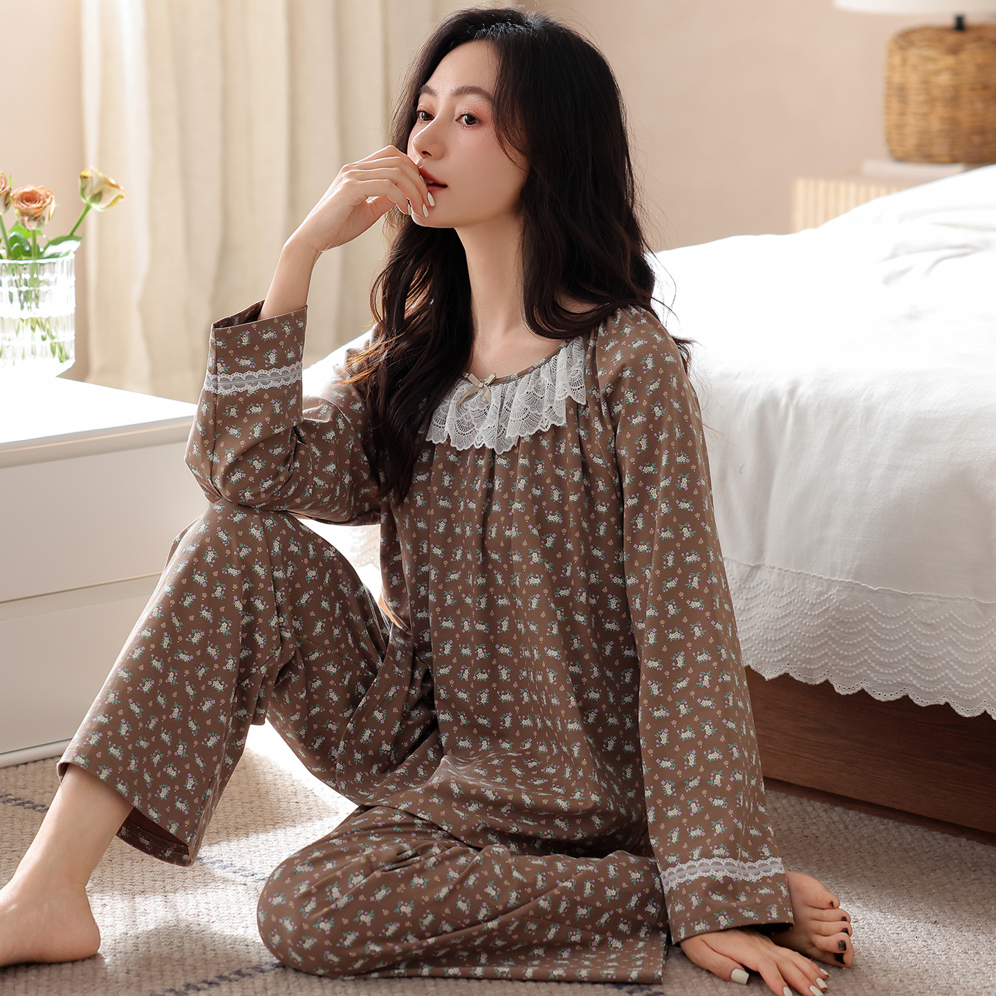 带胸垫睡衣女春秋纯棉长袖女款