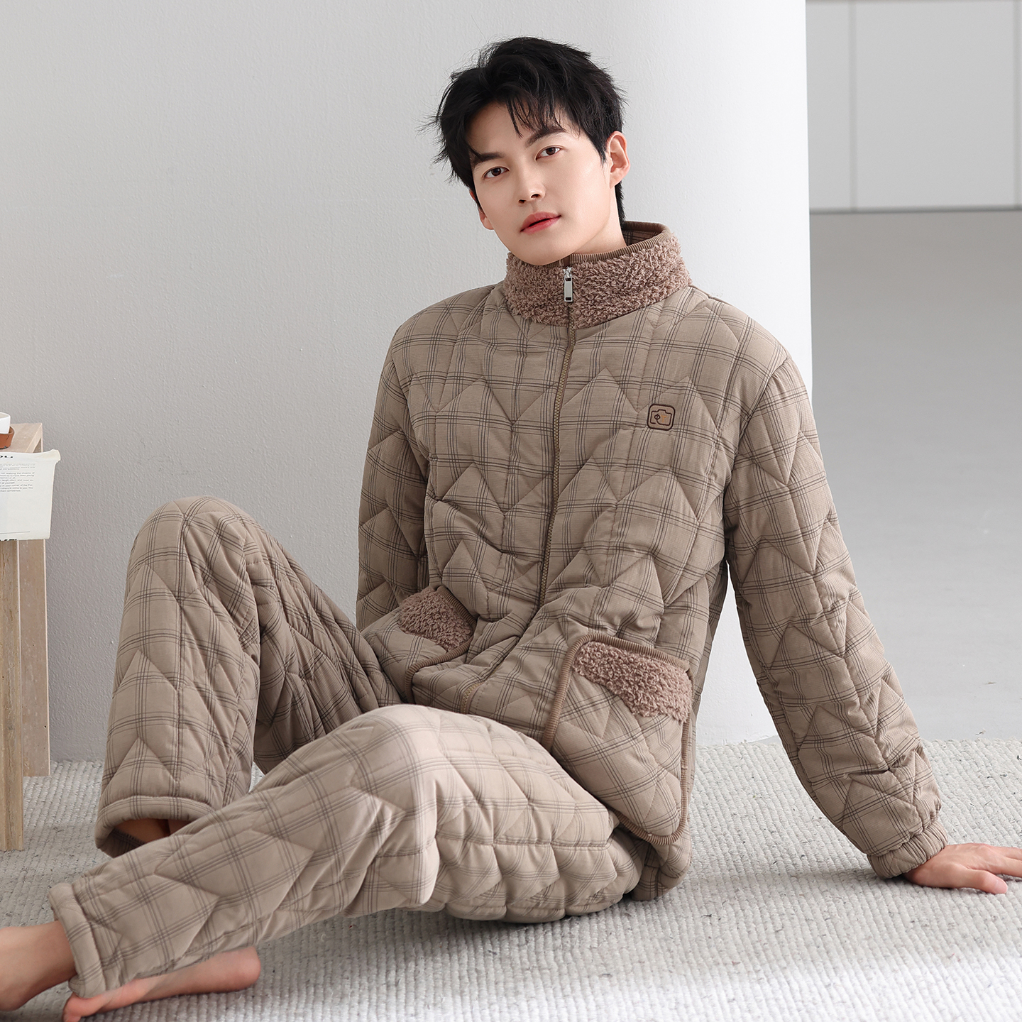 睡衣男士冬季三层加厚夹棉