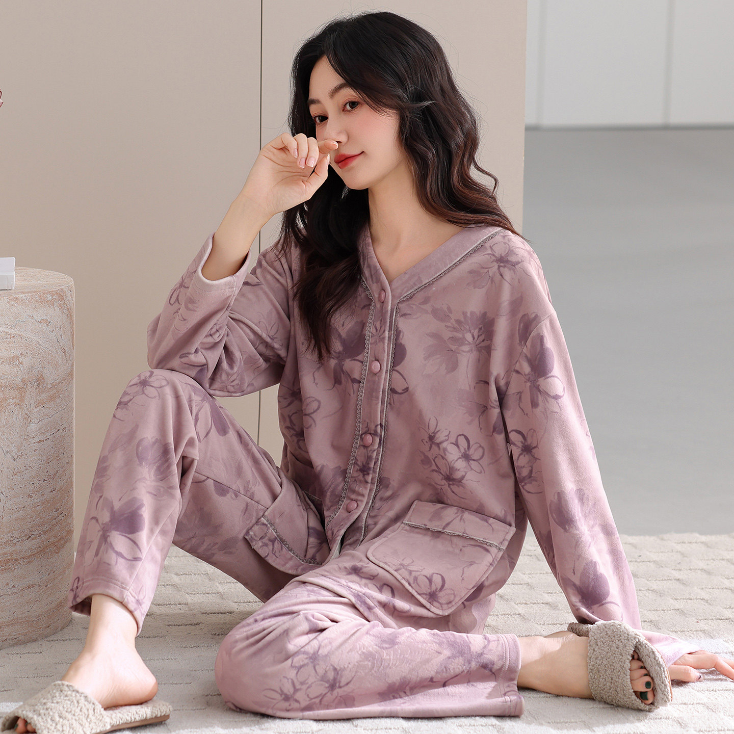 睡衣女秋冬季海岛绒薄绒中年妈妈开衫高级感珊瑚绒春秋加厚家居服