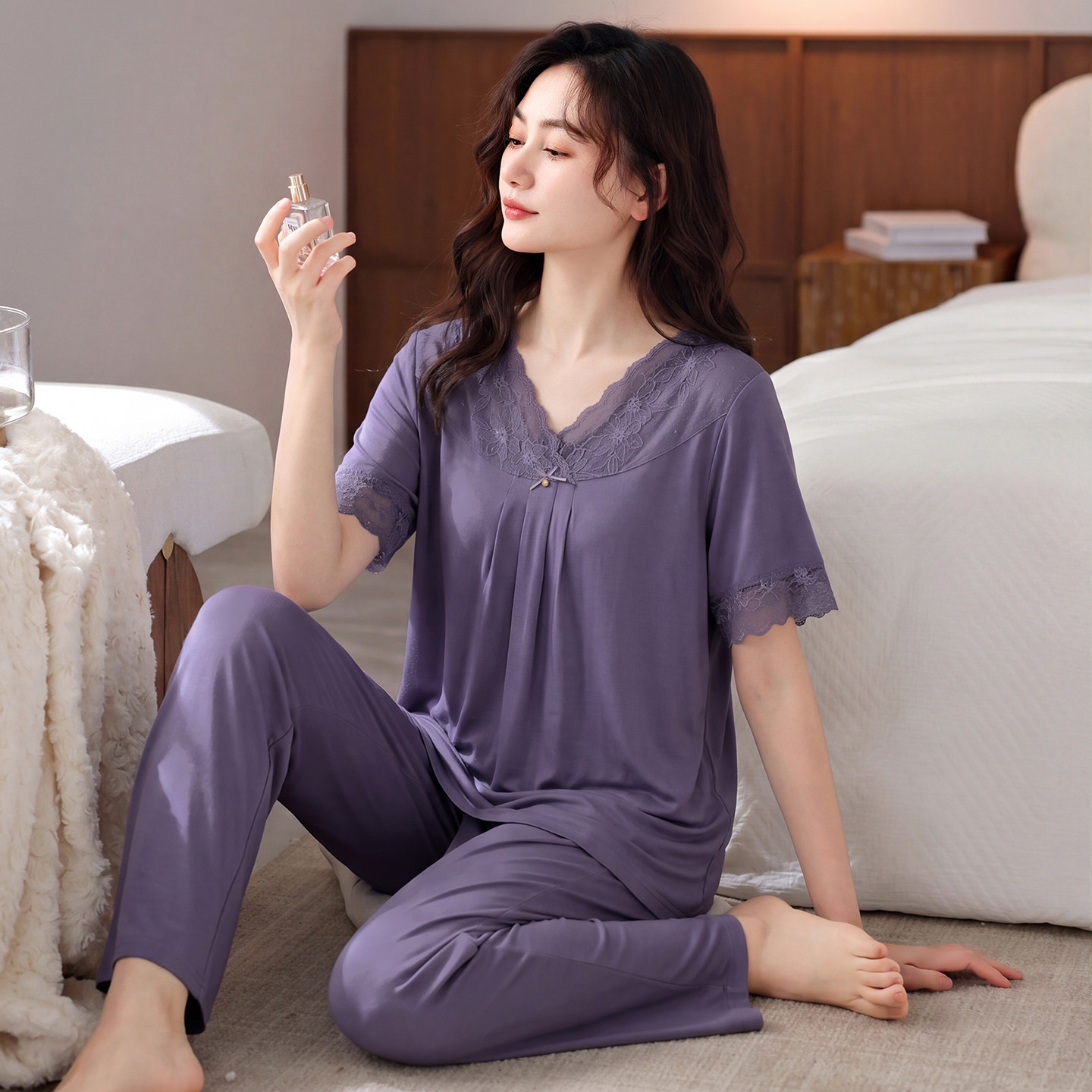 睡衣女夏季超软莫代尔短袖薄款中年妈妈夏天冰丝高级感V领家居服