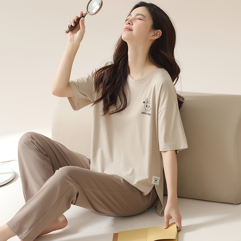 睡衣女款夏季纯棉短袖长裤薄款