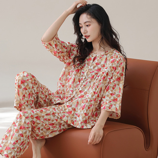 女士家居服 睡衣女春秋款 梭织纯棉七分袖 中袖 全棉纱布中年妈妈夏季