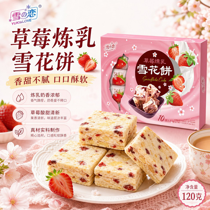 台湾原装雪之恋雪花饼草莓炼乳味120g传统糕点解馋伴手礼点心零食