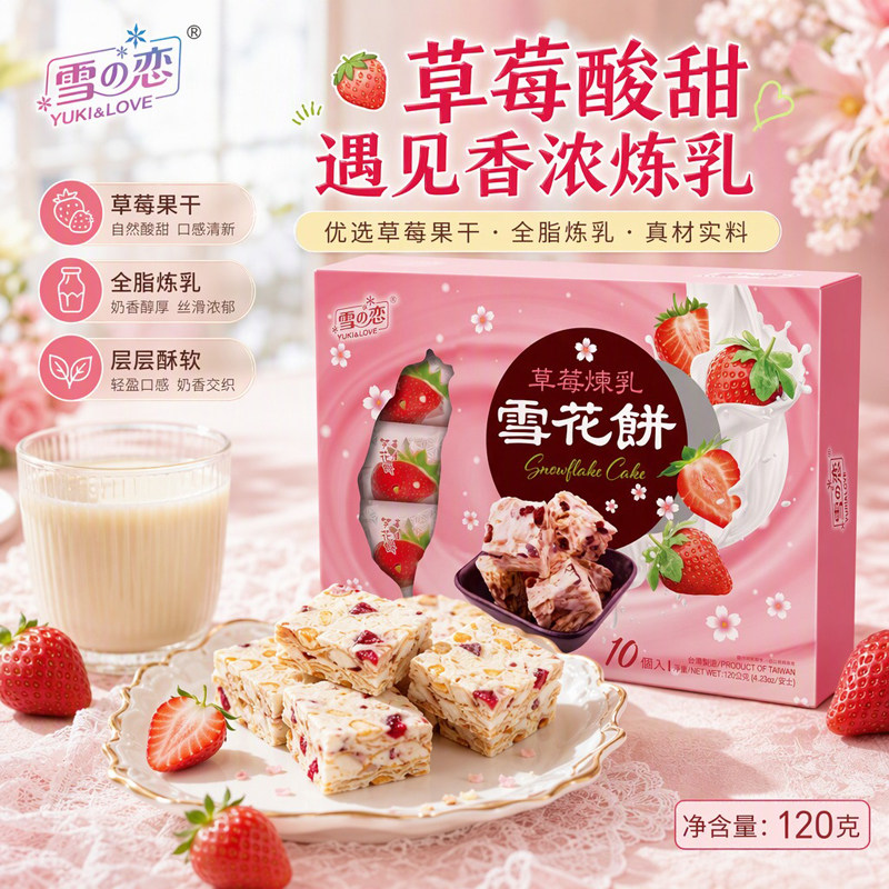 雪之恋草莓炼乳雪花饼120g台湾进口休闲零食牛轧下午茶点心甜品