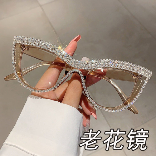 高级感美式老花镜新款女士潮流镶钻大猫眼防蓝光老花眼镜时尚复古