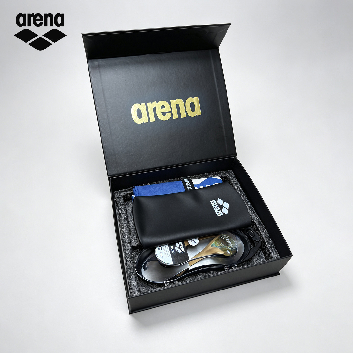 arena健身泳镜泳帽浴巾三件套