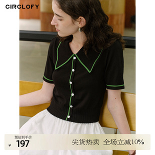 t恤女短款 CIRCLOFY瑟夕 撞色翻领针织短袖 法式 百搭体恤 复古时尚