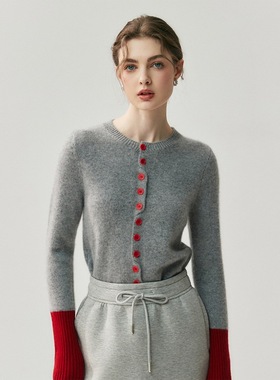 轻奢羊绒秋冬款山羊绒开衫圆领女气质百搭袖口拼色针织毛衣外套