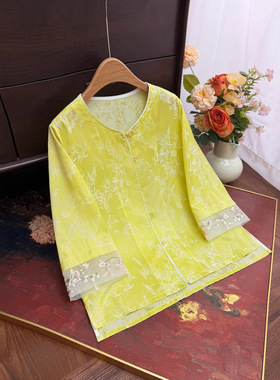 新中式提花七分袖衬衫2025夏季新款拼接袖口刺绣薄款单穿小上衣