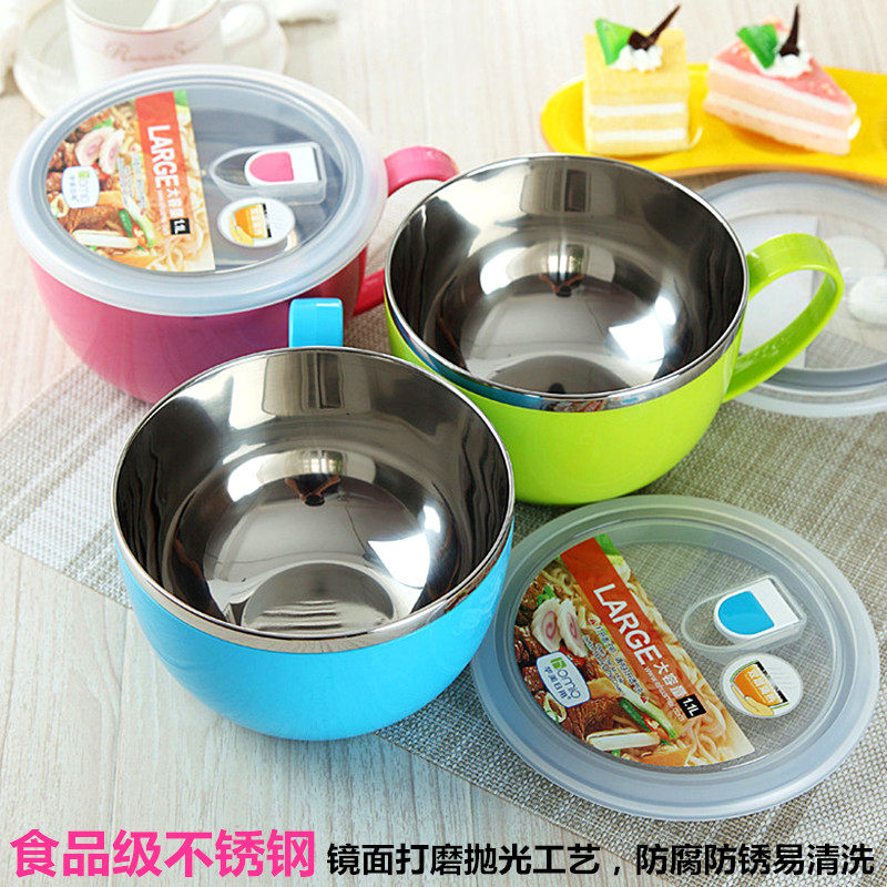 双层不锈钢泡方便面碗圆形绿色带盖把手柄保温盒便携成人学生饭缸