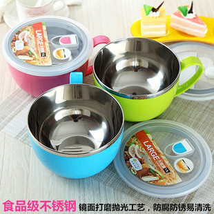 双层不锈钢泡方便面碗圆形绿色带盖把手柄保温盒便携成人学生饭缸