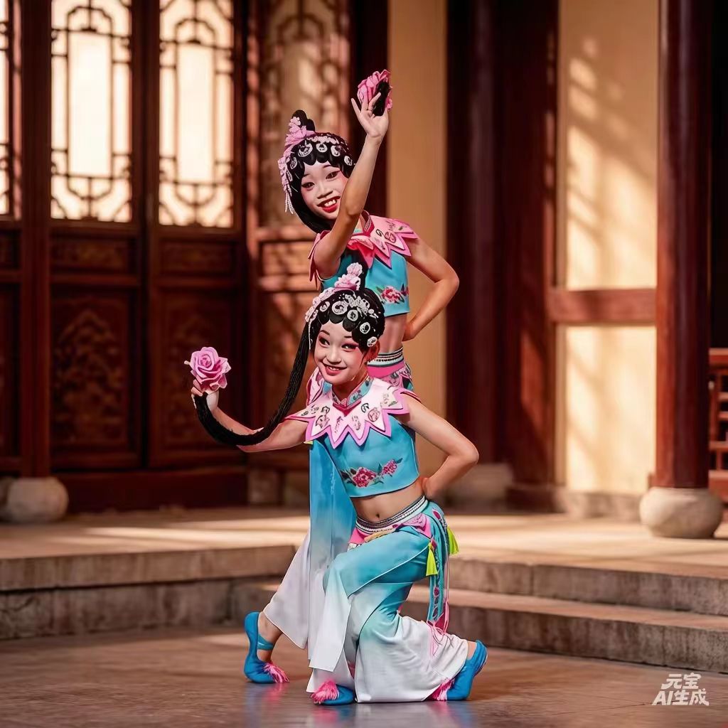 中国风戏曲表演服梨园小花旦儿童演出服女京剧小戏骨头饰粉墨花旦