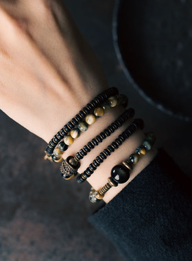 曲尾花原创复古黑檀木虎眼石手链