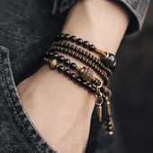 曲尾花复古彩曜黑曜石多层手链男潮 个性 串珠手串女百搭情侣手饰