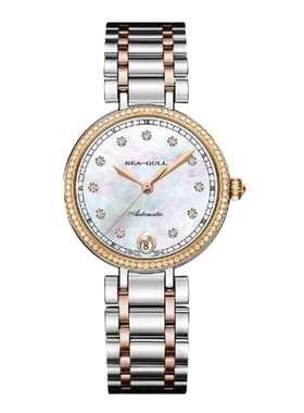 海鸥表轻奢风格镀玫瑰金镶钻日历自动机械防水女表1052L
