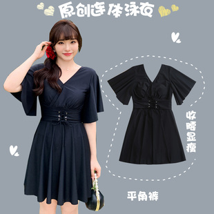 韩国保守游泳衣女款连体裙式200斤胖mm遮肚显瘦平角裤泡温泉泳装