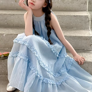 女童无袖连衣裙夏季2026新款儿童蓝色公主裙韩版背心裙高级感裙子