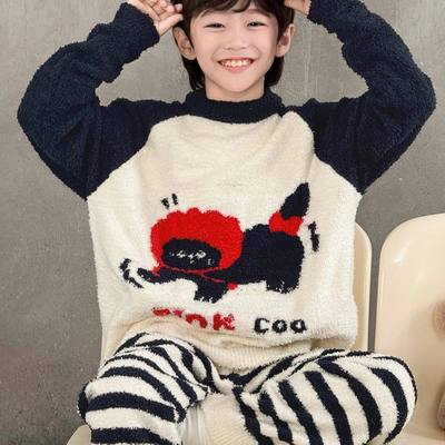 男童珊瑚绒睡衣2025新款儿童半边绒家居服套装中大童加绒加厚内衣