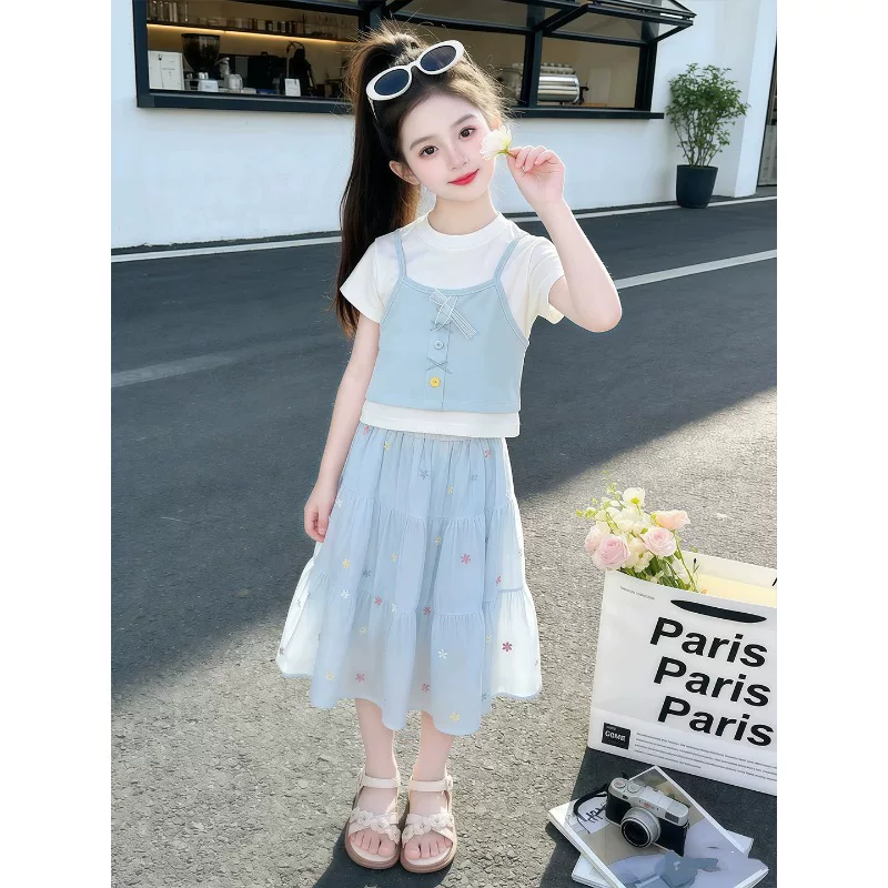 女童套装夏季2026新款儿童假两件短袖T恤夏装中大童碎花裙两件套