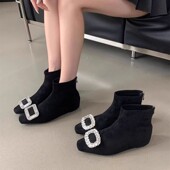 瘦瘦靴水钻方扣坡跟马丁靴女绒面英伦风内增高切尔西靴弹力短靴女