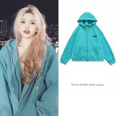 韩版 宽松慵懒连帽加绒女春秋 长袖 cec外套秋季 湖蓝色卫衣拉链开衫