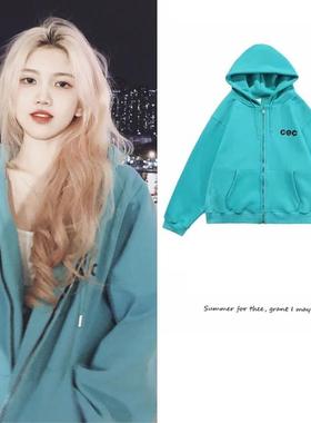 韩版cec外套秋季湖蓝色卫衣拉链开衫长袖宽松慵懒连帽加绒女春秋