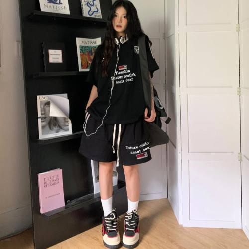 街头美式复古时尚运动休闲套装女夏季纯棉刺绣短袖短裤潮牌两件套
