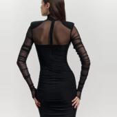 圆领长袖 Ahagaga 欧美辣妹风性感网纱拼接包臀长裙时尚 黑色连衣裙