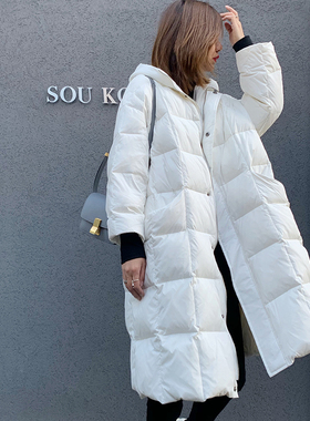 UONE定制2019冬新款白色长款羽绒服修身白鹅绒保暖连帽女过膝加厚
