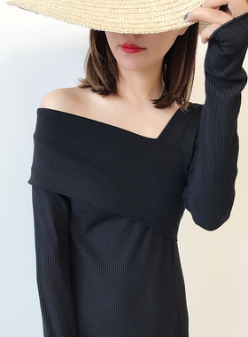 Uone定制秋装黑色连衣裙中长款小心机性感V领露肩修身小礼服裙子