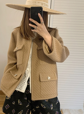 UONE手工定制2020春季浅驼色编织马甲开春外套女纯羊毛气质小香风