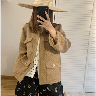 UONE手工定制2020春季 浅驼色编织马甲开春外套女纯羊毛气质小香风