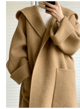 UONE定制2021冬鱼骨纹羊毛羊绒双面羊绒大衣连帽驼色手工外套女