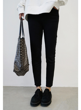 UONE副线2020新款欧洲站加绒牛仔裤黑色铅笔裤女修身显瘦弹力小脚