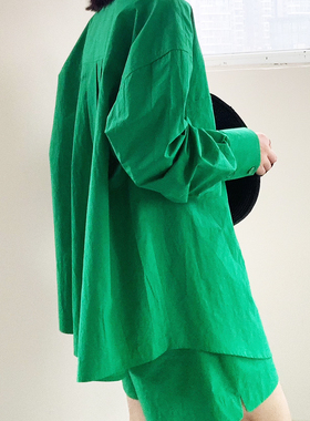 UONE定制果绿色休闲衬衫短裤女2022新高级感薄款宽松时尚两件套潮