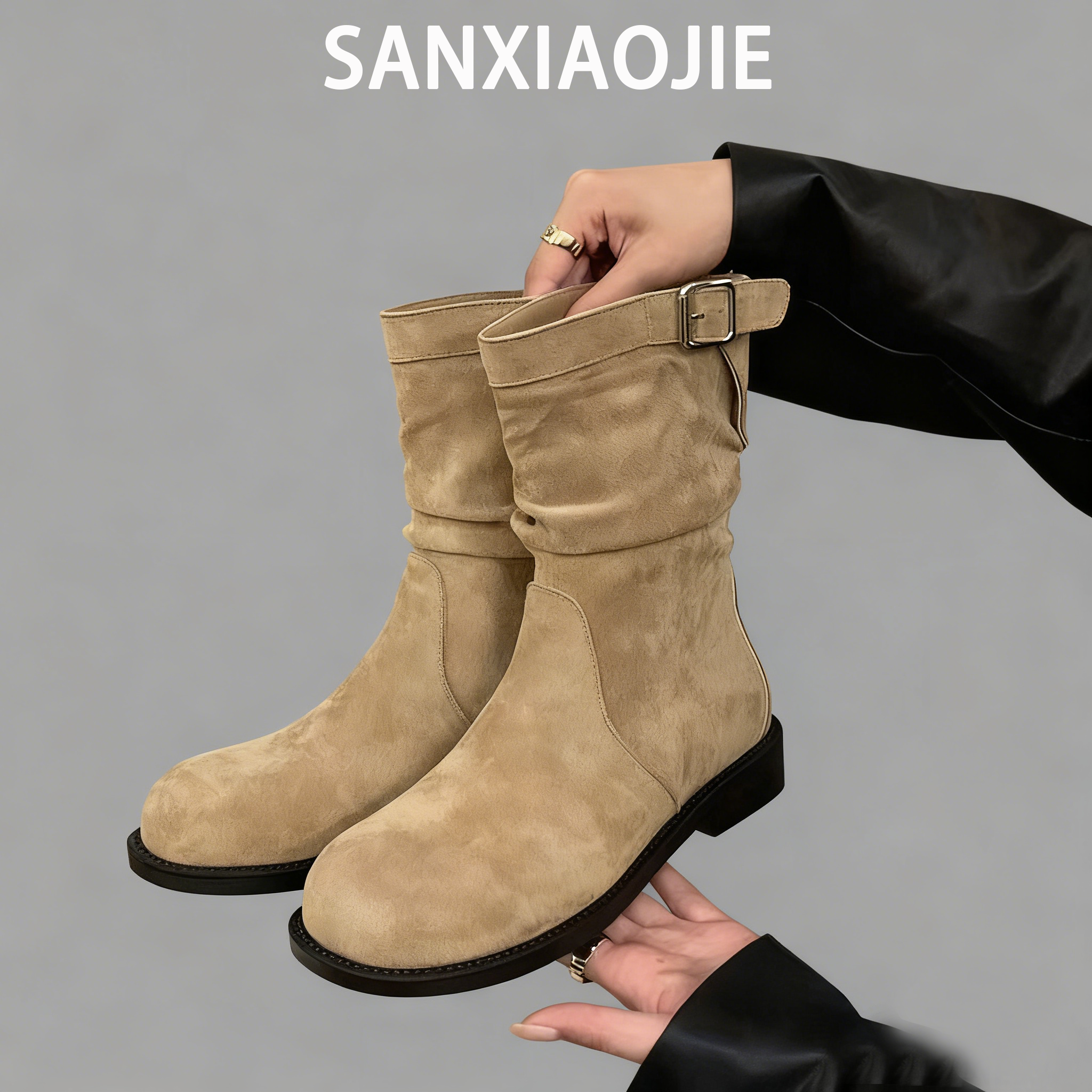 新款平底复古短靴女2024年新款秋冬款堆堆靴圆头中筒靴西部牛仔靴