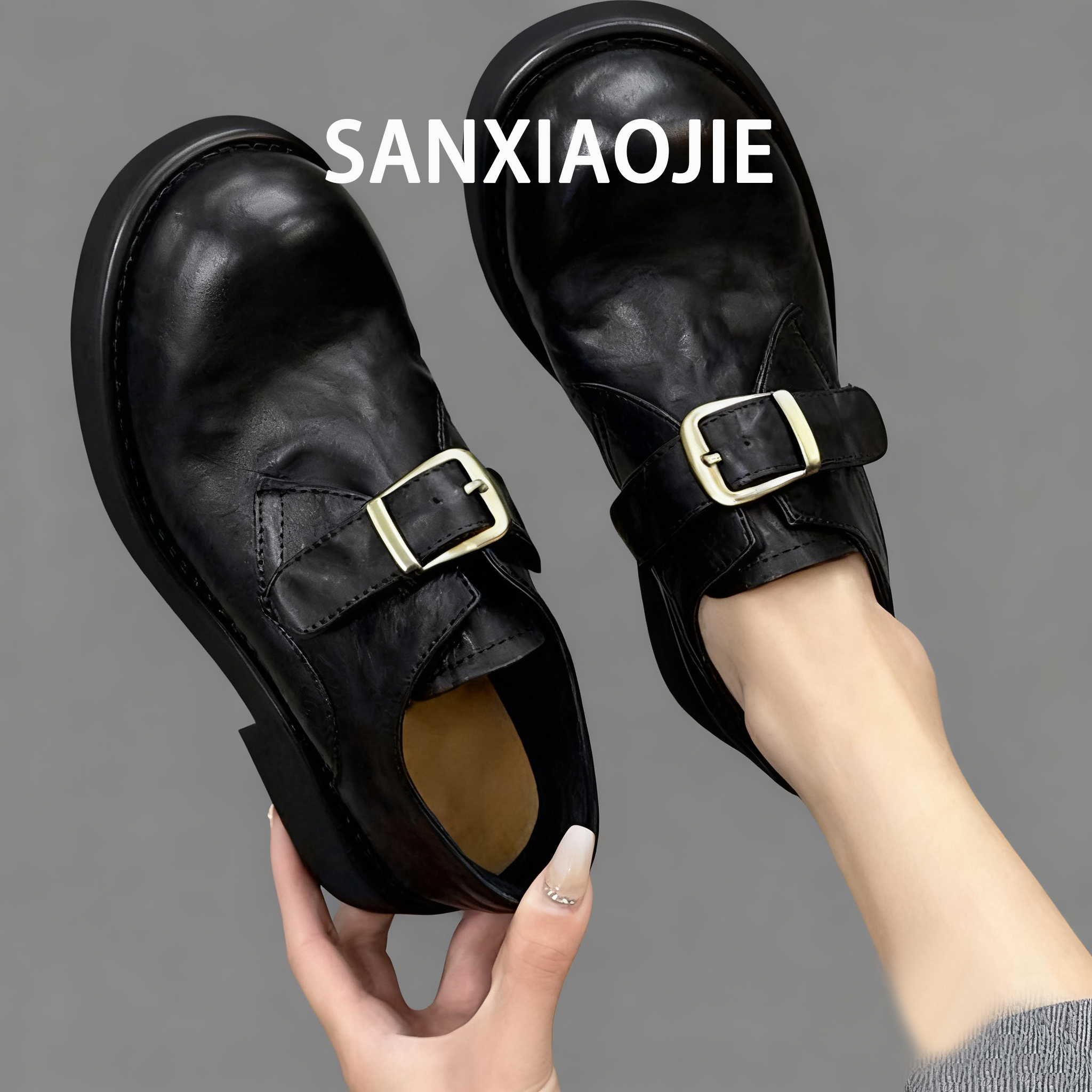 复古圆头皮扣带粗跟乐福鞋女小皮鞋2025英伦百搭单鞋厚底厚底增高