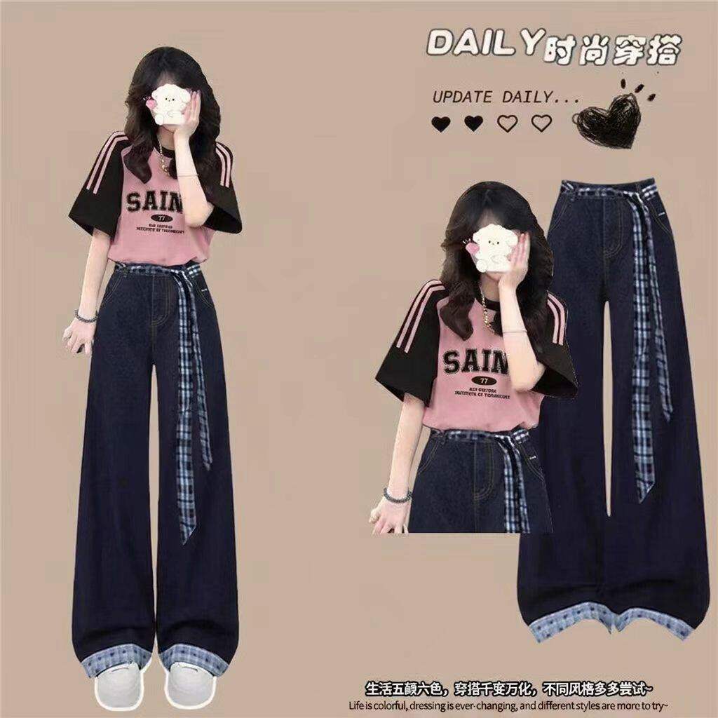 初高中生夏天休闲衣服牛仔裤套装
