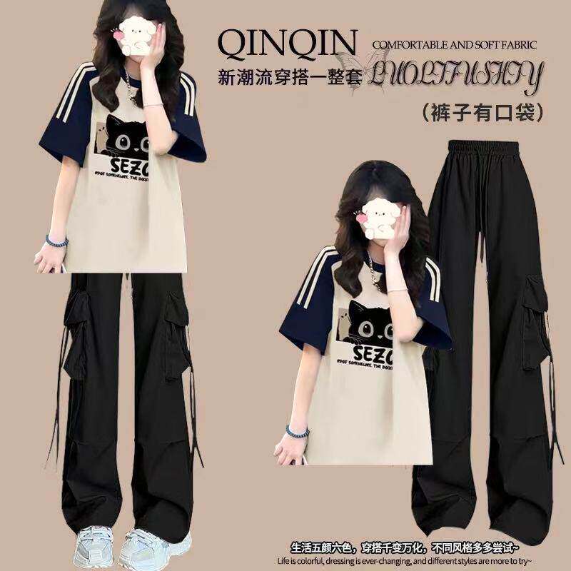 初中生女大童衣服夏季套装初中生女孩学院风新款短袖工装裤两件套