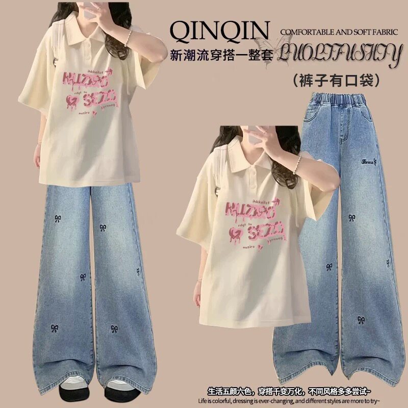 夏季女童学院风Polo衫牛仔套装