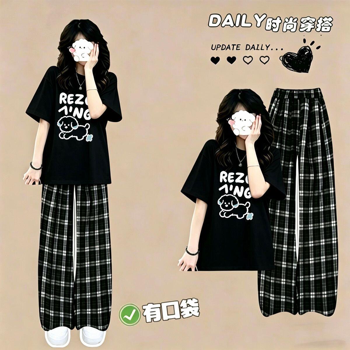 女学生夏季格子阔腿裤两件套装